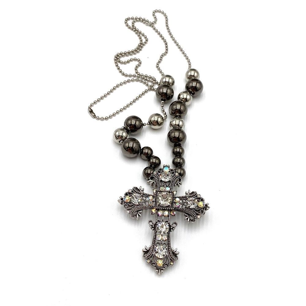 Cross Pendant Brooch Silver Tone Aurora Borealis Crystals Ball Chain 30”